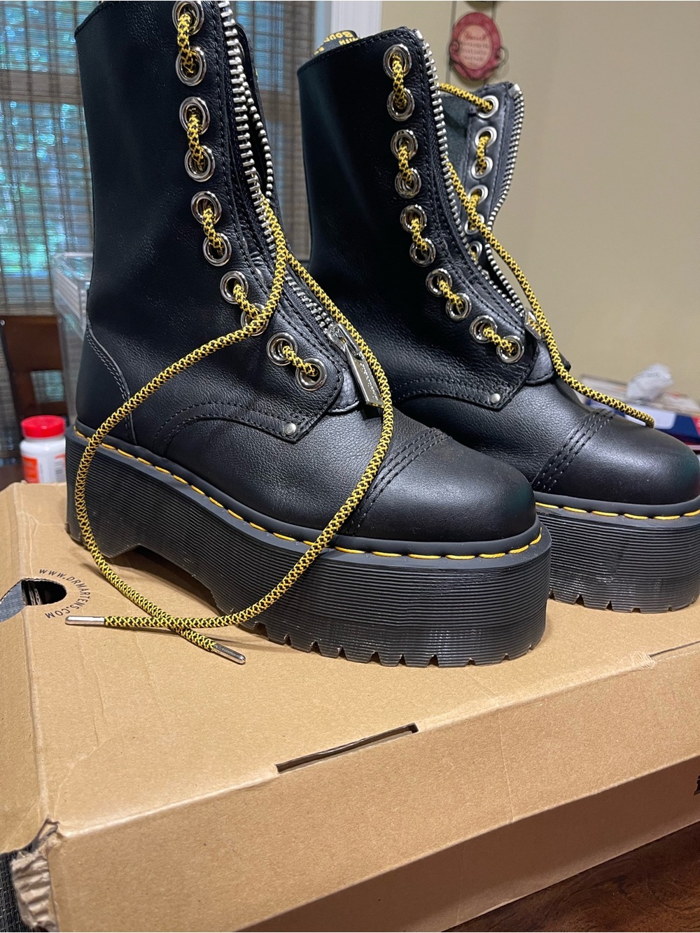 Dr. Martens Sinclair Hi Max Black Platform Lace-Up Boots with Yellow Trim